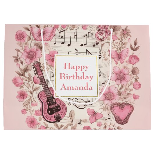Muzieknoten en Bloemen Retro Stijl Verjaardag Groot Cadeauzakje (Achterkant)