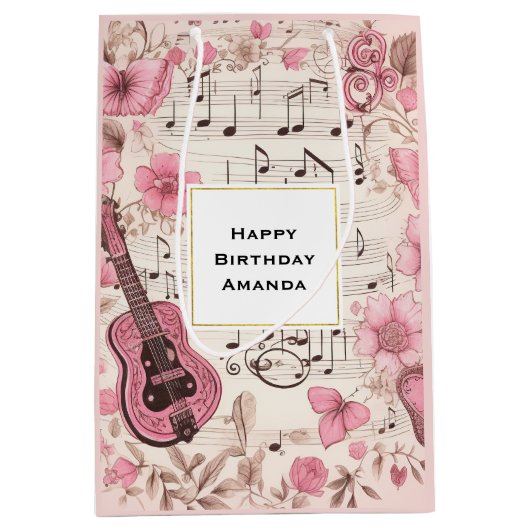 Muzieknoten en Bloemen Retro Stijl Verjaardag Medium Cadeauzakje (Voorkant)