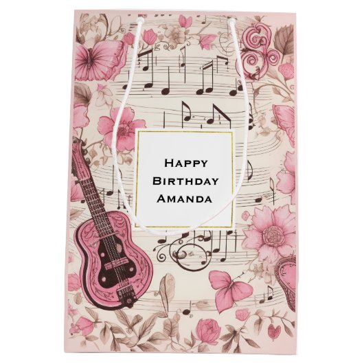 Muzieknoten en Bloemen Retro Stijl Verjaardag Medium Cadeauzakje (Achterkant)
