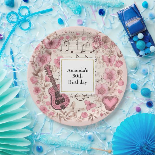 Muzieknoten en Bloemen Retro Stijl Verjaardag Papieren Bordje (Feest)