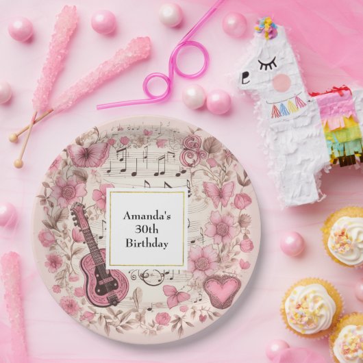 Muzieknoten en Bloemen Retro Stijl Verjaardag Papieren Bordje (Feest)