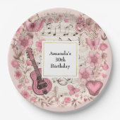Muzieknoten en Bloemen Retro Stijl Verjaardag Papieren Bordje (Voorkant)