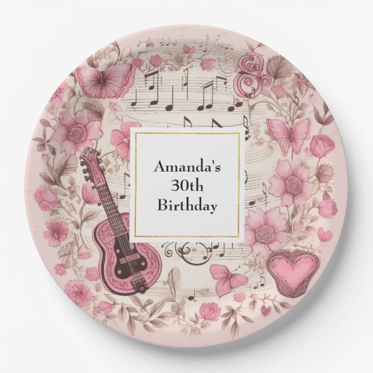 Muzieknoten en Bloemen Retro Stijl Verjaardag Papieren Bordje (Voorkant)