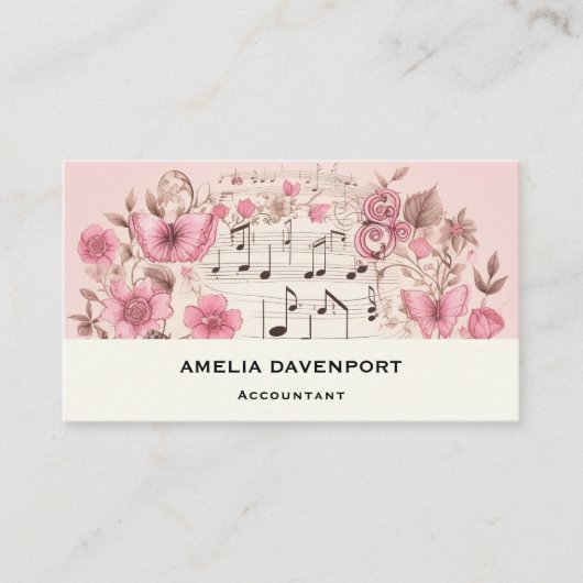 Muzieknoten en Bloemen Retro Stijl Visitekaartje (Voorkant)