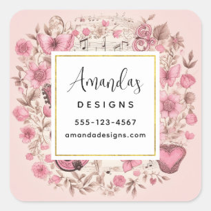 Muzieknoten en Bloemen Retro Style Business Vierkante Sticker