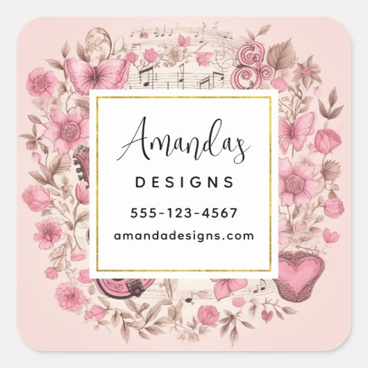 Muzieknoten en Bloemen Retro Style Business Vierkante Sticker (Voorkant)