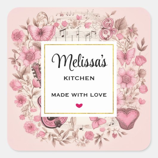 Muzieknoten en Bloemen Retro Style Keuken Vierkante Sticker (Voorkant)
