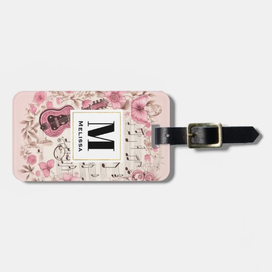 Muzieknoten en Bloemen Retro Style Monogram Bagagelabel (Voorkant horizontaal)