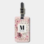 Muzieknoten en Bloemen Retro Style Monogram Bagagelabel (Voorkant verticaal)
