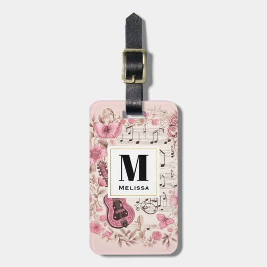Muzieknoten en Bloemen Retro Style Monogram Bagagelabel (Voorkant verticaal)