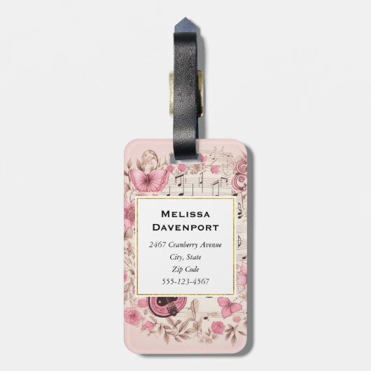 Muzieknoten en Bloemen Retro Style Monogram Bagagelabel (Achterkant verticaal)