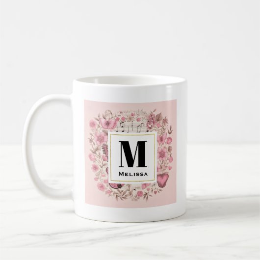 Muzieknoten en Bloemen Retro Style Monogram Koffiemok (Links)
