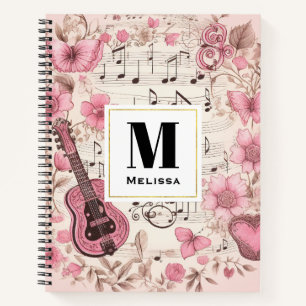 Muzieknoten en Bloemen Retro Style Monogram Notitieboek