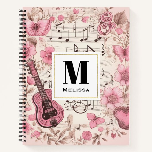 Muzieknoten en Bloemen Retro Style Monogram Notitieboek (Voorkant)