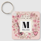 Muzieknoten en Bloemen Retro Style Monogram Sleutelhanger (Voorkant)