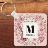 Muzieknoten en Bloemen Retro Style Monogram Sleutelhanger (Voorkant)
