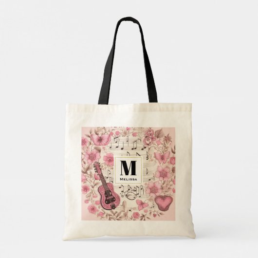 Muzieknoten en Bloemen Retro Style Monogram Tote Bag (Achterkant)