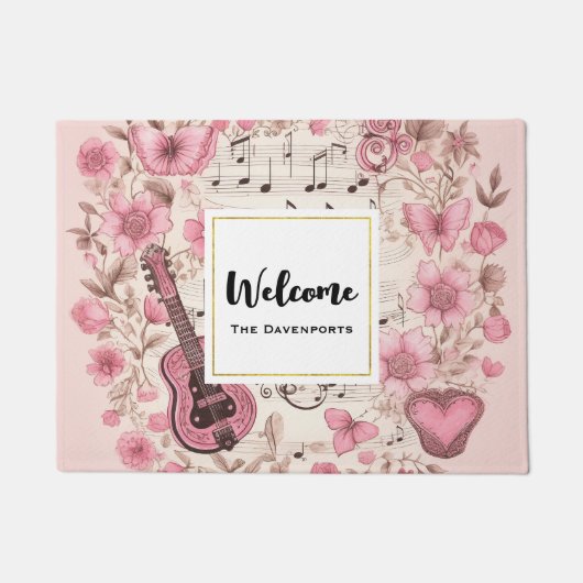 Muzieknoten en Bloemen Retro Style Welkom Deurmat (Voorkant)