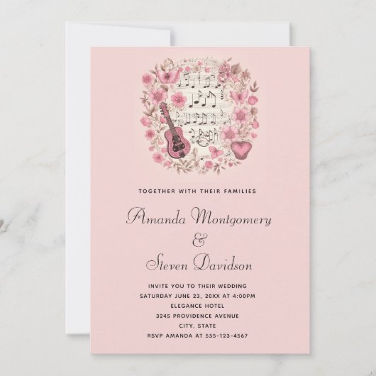 Muzieknoten en bloemen  stijl bruiloft kaart (Voorkant)