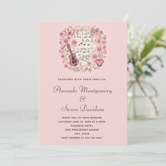 Muzieknoten en bloemen  stijl bruiloft kaart (Staand voorkant)