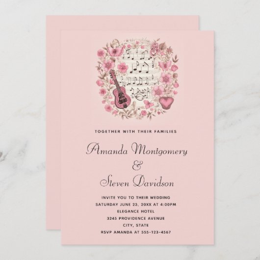 Muzieknoten en bloemen stijl bruiloft kaart (Voorkant / Achterkant)