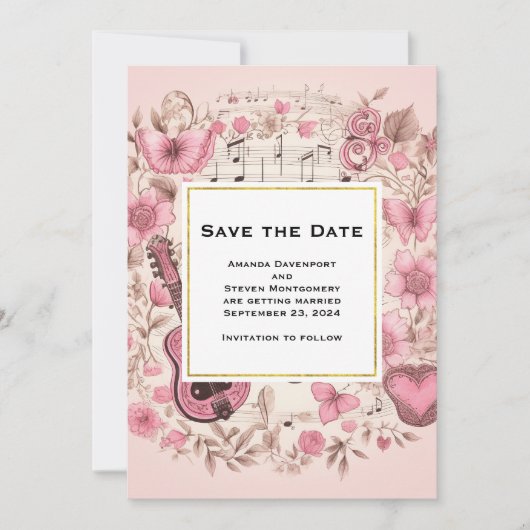 Muzieknoten en bloemen  stijl bruiloft save the date (Voorkant)