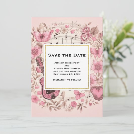 Muzieknoten en bloemen  stijl bruiloft save the date (Staand voorkant)