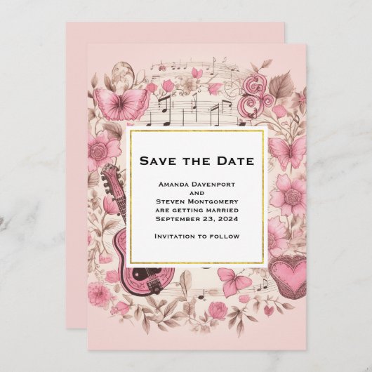 Muzieknoten en bloemen  stijl bruiloft save the date (Voorkant / Achterkant)