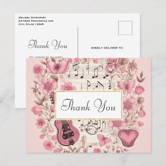 Muzieknoten en bloemen  stijl dank u briefkaart (Voorkant / Achterkant)