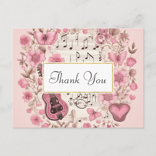 Muzieknoten en bloemen  stijl dank u briefkaart (Voorkant)