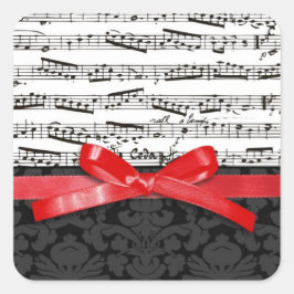 Muzieknoten en faux red ribbon vierkante sticker