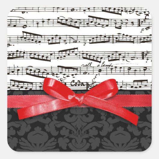 Muzieknoten en faux red ribbon vierkante sticker (Voorkant)