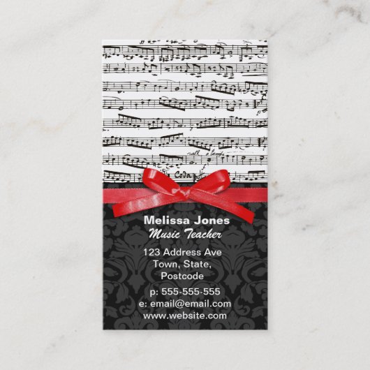 Muzieknoten en faux red ribbon visitekaartje (Voorkant)