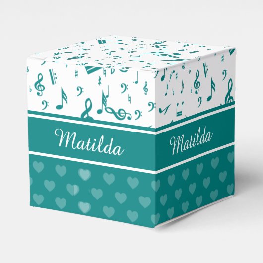 Muzieknoten en het Patroon van het Hart Blauwgroen Bedankdoosjes (Voorkant Zijde)