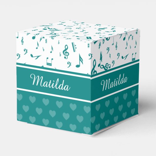 Muzieknoten en het Patroon van het Hart Blauwgroen Bedankdoosjes (Achterkant)