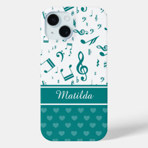 Muzieknoten en het Patroon van het Hart Blauwgroen iPhone 15 Case