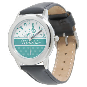 Muzieknoten en het Patroon van het Hart Blauwgroen Horloge