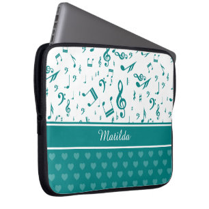 Muzieknoten en het Patroon van het Hart Blauwgroen Laptop Sleeve