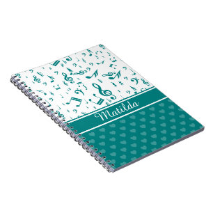 Muzieknoten en het Patroon van het Hart Blauwgroen Notitieboek
