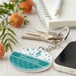 Muzieknoten en het Patroon van het Hart Blauwgroen Sleutelhanger