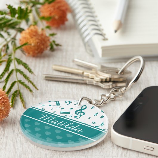 Muzieknoten en het Patroon van het Hart Blauwgroen Sleutelhanger (Voorkant Rechts)