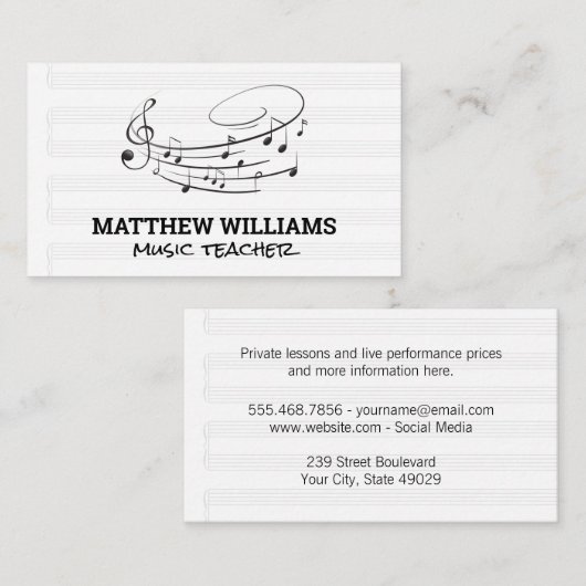 Muzieknoten en muziekbladen visitekaartje (Voorkant / Achterkant)