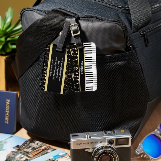 Muzieknoten en pianoketoetsen, zwart en goud bagagelabel (Voorkant /achterkant)