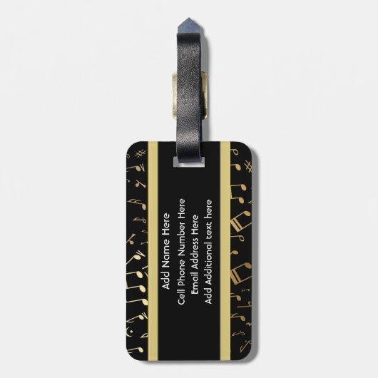 Muzieknoten en pianoketoetsen, zwart en goud bagagelabel (Achterkant verticaal)