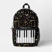 Muzieknoten en pianoketoetsen, zwart en goud bedrukte rugzak (Voorkant)