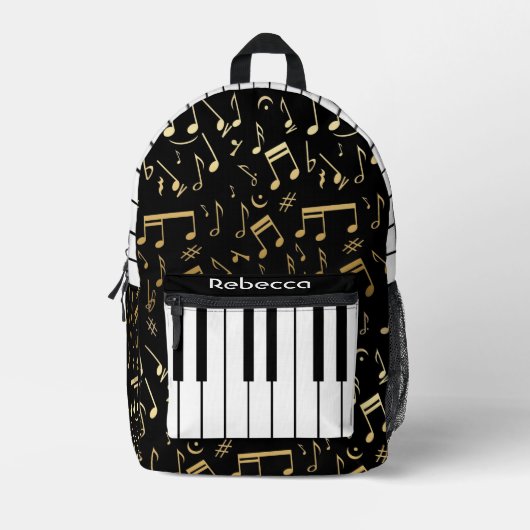 Muzieknoten en pianoketoetsen, zwart en goud bedrukte rugzak (Voorkant)