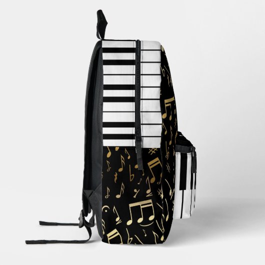 Muzieknoten en pianoketoetsen, zwart en goud bedrukte rugzak (Links)