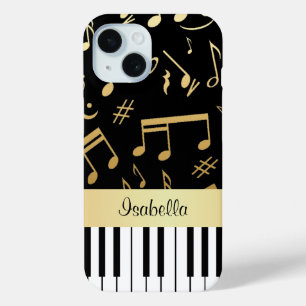 Muzieknoten en pianoketoetsen, zwart en goud iPhone 15 case
