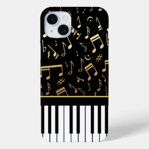 Muzieknoten en pianoketoetsen, zwart en goud iPhone 15 mini hoesje