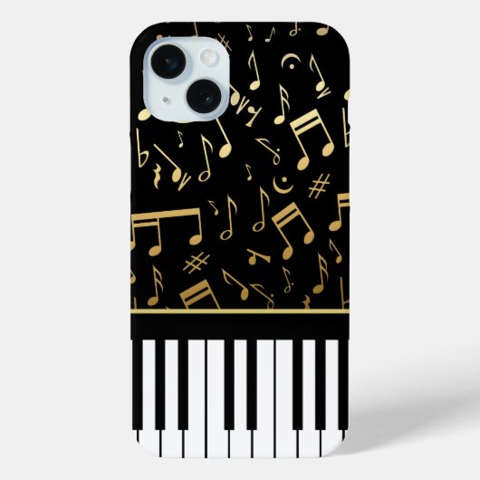 Muzieknoten en pianoketoetsen, zwart en goud Case-Mate iPhone case (Achterkant)